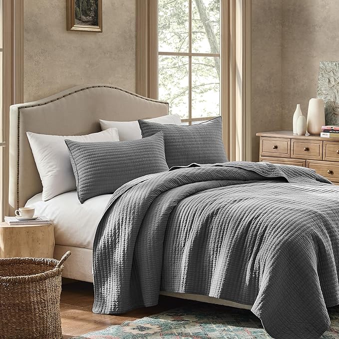 WDCOZY 100% Cotton Twin Size Quilt Set - Grey Striped Pick Stitch Soft Lightweight Bedspread, Textured Like Linen, Farmhouse Country Rustic Coverlet, Shabby Chic Gauze Bedding, 2 Pieces