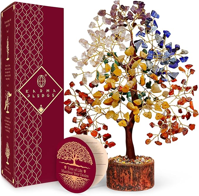 Manifestation Seven Chakra Tree of Life with Card, Unique Birthday Gifts for Women and Mom, Handmade Healing Crystal Tree for Good Luck, Positivity, Money, Reiki Healing, Home and Office Decor