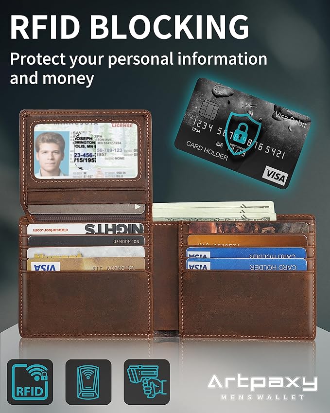 Artpaxy Mens Wallet Bifold Genuine Leather RFID Blocking Wallet for Men with 2 ID Windows 12 Card Holders 2 cash pockets 1 Gift Box