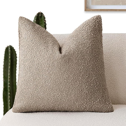 Foindtower Decorative Textured Boucle Throw Pillow Covers Accent Solid Pillow Cases Neutral Soft Cozy Couch Cushion Case for Chair Sofa Bedroom Living Room Home Decor 24x24 Inch,1PC,Light Khaki Tan