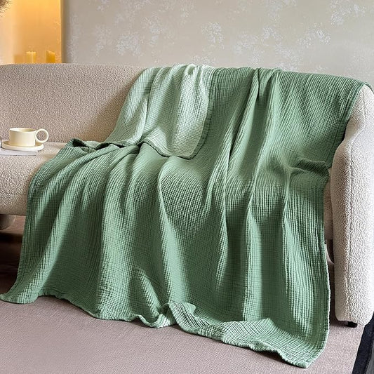 FALUCA Cotton Muslin Reversible Blanket 50x60 Inches for Bed, Couch, Four Layers Blanket, Soft Lightweight Cozy Breathable Farmhouse Decoration for All-Season, Light Green