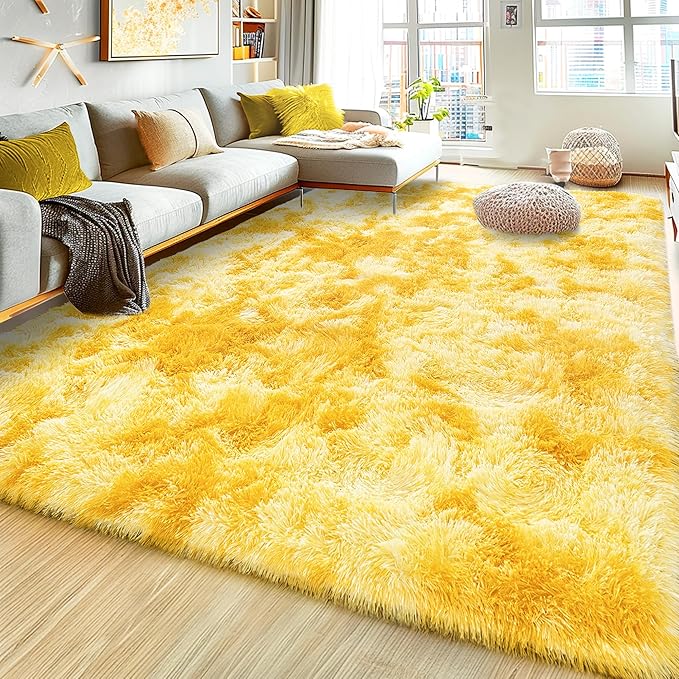 Large 9x12 Area Rug for Living Room, Soft Shag Thick Fluffy Plush Fuzzy Carpet for Bedroom, Non Slip Dorm Rug for Home Decor Aesthetic, Tie-Dyed Yellow