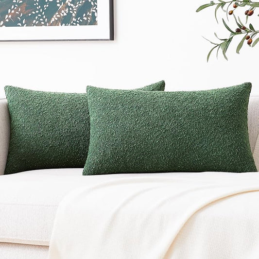 Mixhug Decorative Boucle Throw Pillow Covers, Forest Green, 12 x 20 Inches, Pack of 2 - Textured Boho Pillow Covers for Couch and Bed