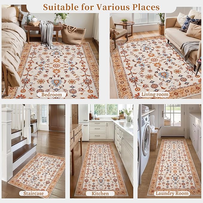 Tangsoo Floral Area Rug 4x6 Machine Washable Orange Rug Non-Slip Vintage Distressed Boho Print, Soft Low Pile Carpet for Living Room, Bedroom, Dining Room, Pet & Child Friendly (Orange Home Decor)