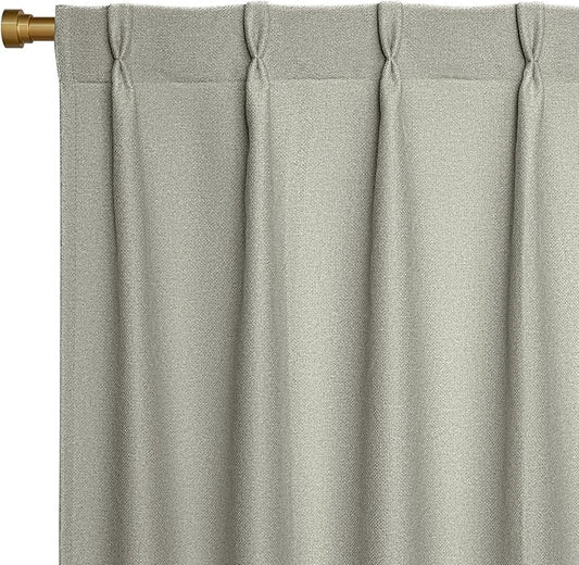 Joydeco Greyish White Pinch Pleated Thick Linen Curtains 84 Inch Long 2 Panel Set for Living Room, Double-Faced Curtain for Bedroom, Back Tab Blackout Drapes with Adjustable Hooks (40”W x84”L)