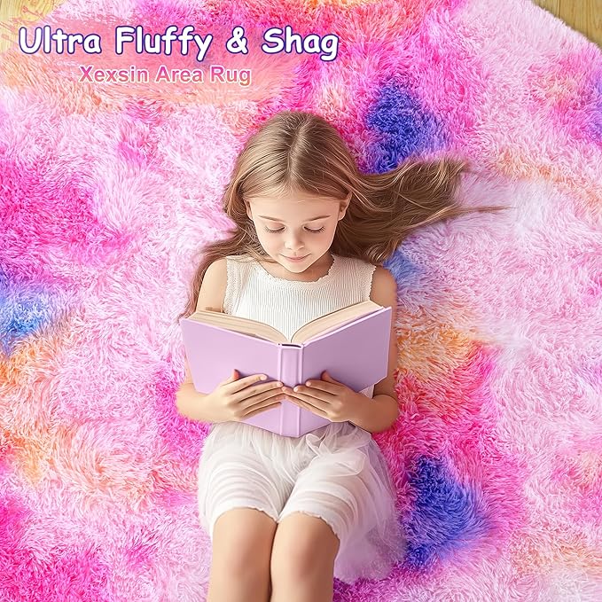 Round Fluffy Rugs 8Ft for Girls Bedroom, Dark Rainbow Shag Circle Kids Rug Non-Slip for Bedside Dorm Nursery Playroom, Soft Cute Area Rugs for Living Room Decor