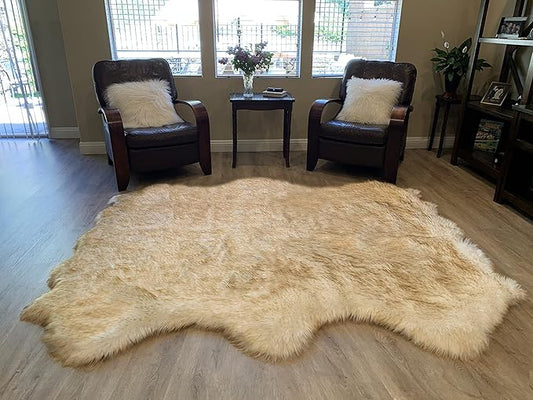 LAMBZY Faux Sheepskin Super Soft Hypoallergenic Silky Shag Rug for Living Room, Kids Room, Sofa (Sexto 6 Pelts 6'x6', White/Brown Tips)