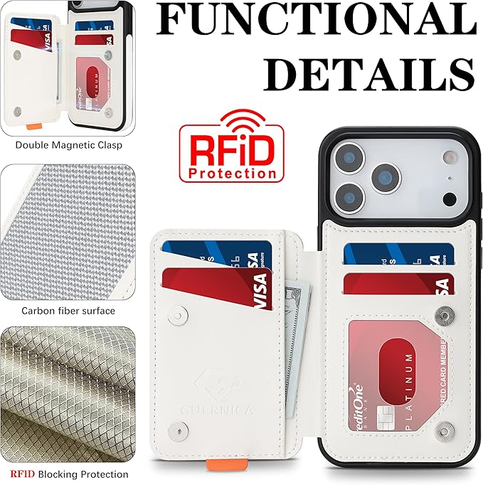 GUERNICA for iPhone 17 Pro (6.3") Case Wallet with Card Holder, RFID Blocking Leather Protection, Shockproof Women Men Phone Case for Apple 17 Pro, A - Silver White