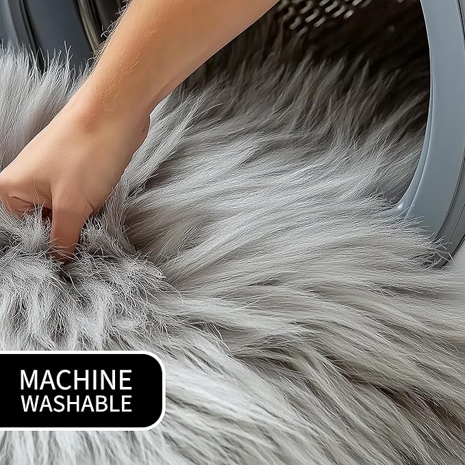 2 x 4 ft Fluffy Gray Faux Sheepskin Rug – Luxurious Faux Fur Rug for Bedroom, Living Room, or Nursery – Soft and Cozy Decor Accent
