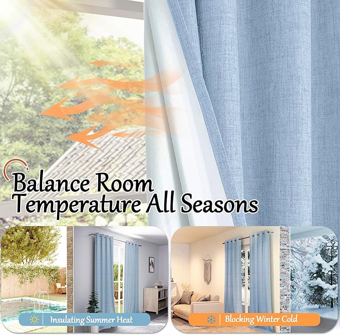 Baby Blue Linen Blackout Curtains for Nursery 72 Inch Length 2 Panels Set, Thermal Insulated Boho Total Black Out Noise Reducing Bonzer Grommets Window Curtains for Kids Bedroom, Each 52 Inch Wide