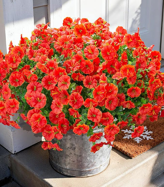 Artificial Flowers Fake Plants for Outdoors Decoration, 12 Bundles Orange Silk Morning Glory with Eucalyptus Realistic UV Resistant Faux Flowers Greenery for Outside Planter Yard Garden Home Indoor