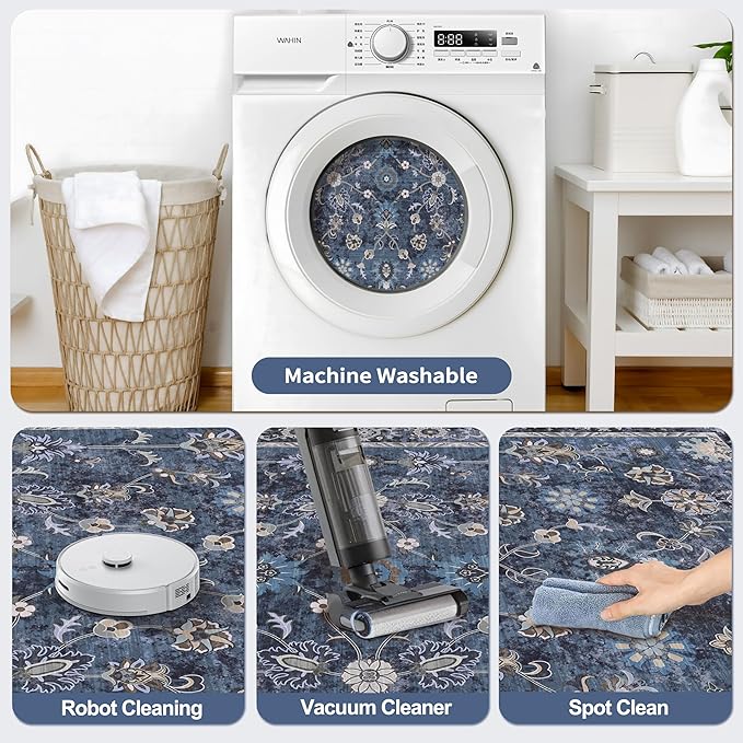 Tangsoo 5x7 Blue Area Rug for Bedroom Living Room, Washable Vintage Floral Rug Non Slip, Low Pile Stain Resistance Distressed Retro Indoor Boho Carpet for Laundry Farmhouse Dinning Room Mat Home Decor