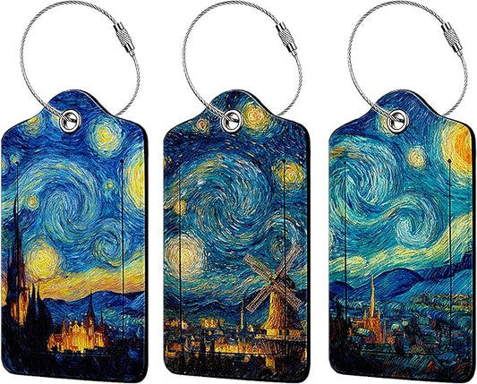 Stary Night 3 Pack Luggage Tags for Suitcases, PU Leather Baggage Suitcases Tag Name ID Label Privacy Cover Travel Bag Tags for Women Men Boys Girls