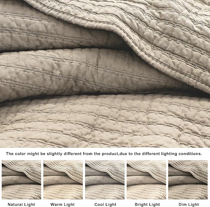 WDCOZY 100% Cotton Twin Size Quilt Set - Beige Neutral Striped Pick Stitch Soft Lightweight Bedspread, Textured Like Linen, Farmhouse Country Rustic Coverlet, Shabby Chic Gauze Bedding, 2 Pieces