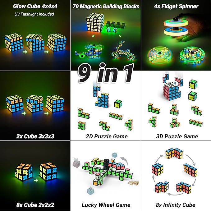 TOSY Magnet Cube 4x4 - 70 Blocks, 560 Magnets, Multipurpose: Creative Building Blocks, Transformable Fidget Spinner, Puzzle/Infinity Cube, Christmas Stocking Stuffers Gift for Kids, Glowing STEM Toy