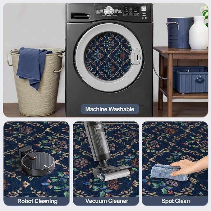 Tangsoo 5x7 Washable Area Rug, Non Slip Blue Floral Indoor Rug, Soft Low Pile Floor Carpet for Living Room, Bedroom, Dining Room, Pet & Child Friendly Room Decor, Easy to Clean
