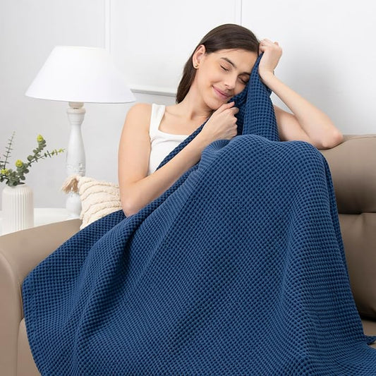 100% Cotton Waffle Blankets for Bed - Throw (50" x 60") Lightweight, Breathable and Soft, Waffle Weave Blanket for All-Season - Summer, Spring, Winter (Blue)