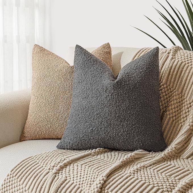 Foindtower Decorative Textured Boucle Throw Pillow Covers Accent Solid Pillow Cases Neutral Soft Cozy Couch Cushion Case for Chair Sofa Bedroom Living Room Home Decor 16x16 Inch,1PC,Dark Grey
