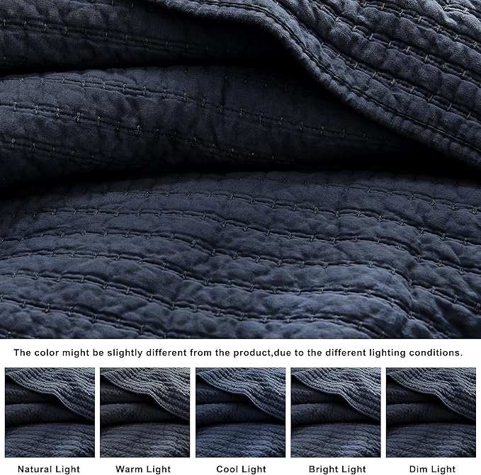 WDCOZY 100% Cotton King Size Quilt Set - Navy Blue Striped Pick Stitch Soft Lightweight Bedspread, Textured Like Linen, Farmhouse Country Rustic Coverlet, Shabby Chic Gauze Bedding, 3 Pieces