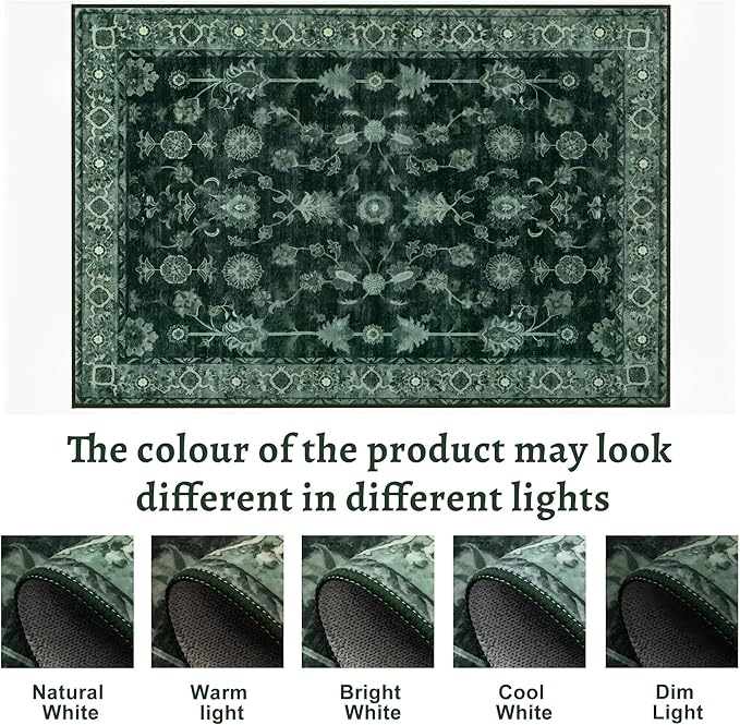Tangsoo Washable Area Rug 3x5 Non Slip, Boho Distressed Vintage Green Floral Throw Rug for Bedroom Entryway, Soft Low Pile Floor Carpet Indoor Mat for Entrance Bedside Kitchen Nursery Office Farmhouse