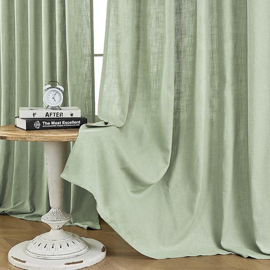 Joydeco Linen Curtains for Living Room,Light Filtering Rod Pocket Back Tab Semi Sheer Drapes Window Long Curtains 90 inches Long Sage Green