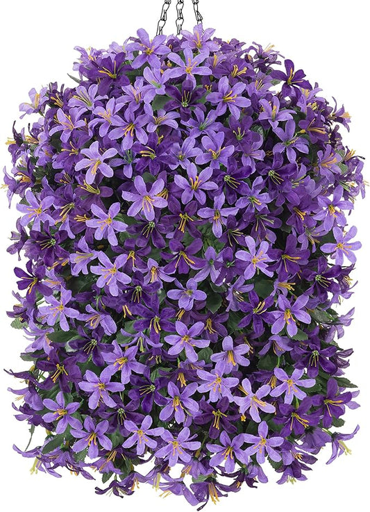 Artificial Faux Hanging Outdoor Plants Flowers Basket for Spring Decoration, Fake Silk Realistic UV Resistant Long Vines Planter for Outside Home Porch Patio (Purple & Light Purple)