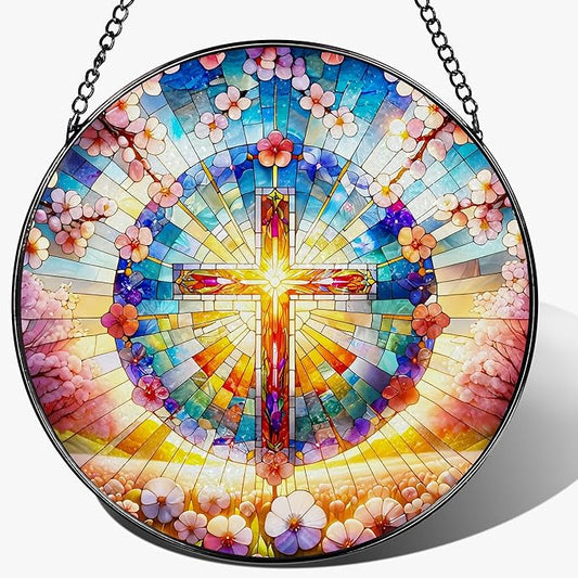 8 Inches Cross Stained Glass Suncatcher, Stained Glass Window Hanging, Spiritual Sun Catcher, Cross Ornament Gift, Christian Home Decor, Christian Gifts, Religious Gifts, Gift for Christmas