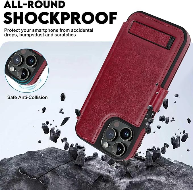 CIVICASE for iPhone 14 Pro Max Wallet Case with Stand,PU Leather Flip Credit Card Holder Slots (RFID Blocking),Compatible with Magsafe Magnetic Holder Phone Cover Women Men,Wine Red