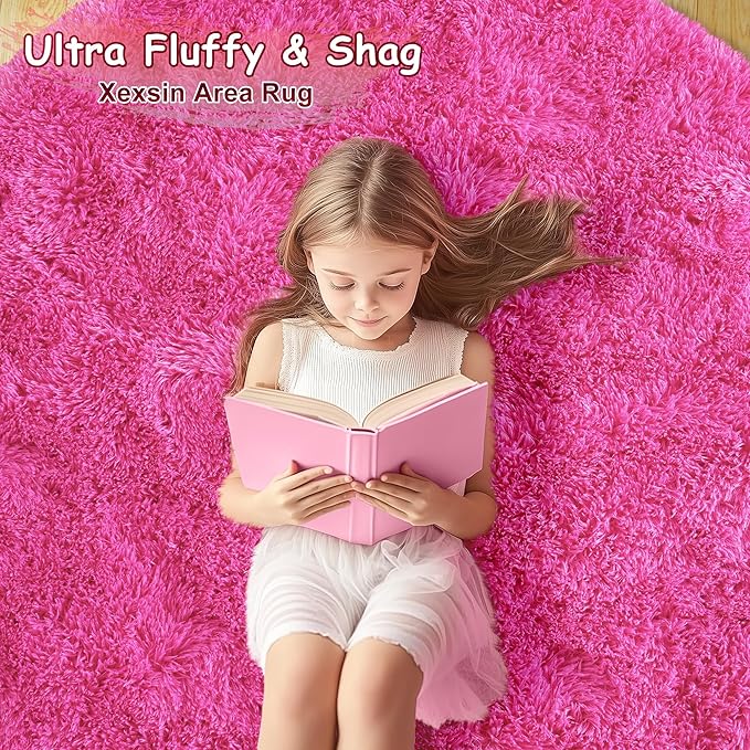 Round Fluffy Rugs 5Ft for Girls Bedroom, Hot Pink Shag Circle Kids Rug Non-Slip for Bedside Dorm Nursery Playroom, Soft Cute Area Rugs for Living Room Decor
