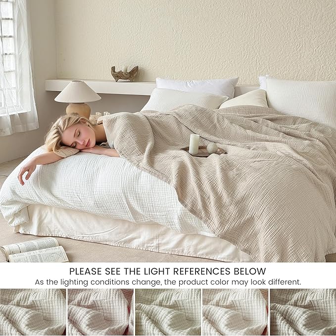 FALUCA Cotton Muslin Reversible Blanket Queen Size for Bed, Couch, Four Layers Blanket, Soft Lightweight Cozy Breathable Farmhouse Decoration for All-Season, Khaki