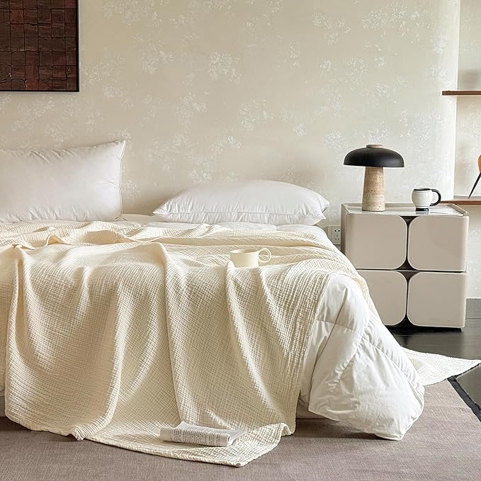 FALUCA Cotton Muslin Reversible Blanket King Size for Bed, Couch, Four Layers Blanket, Soft Lightweight Cozy Breathable Farmhouse Decoration for All-Season, Beige