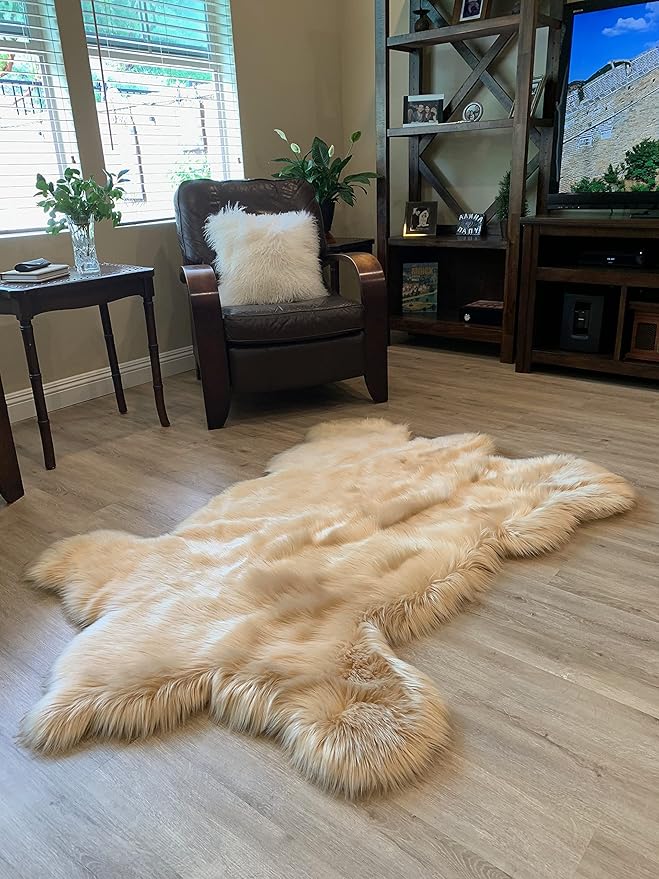LAMBZY Faux Sheepskin Super Soft Hypoallergenic Silky Shag Bear Rug for Living Room, Kids Room, Sofa (3'x5', Beige)