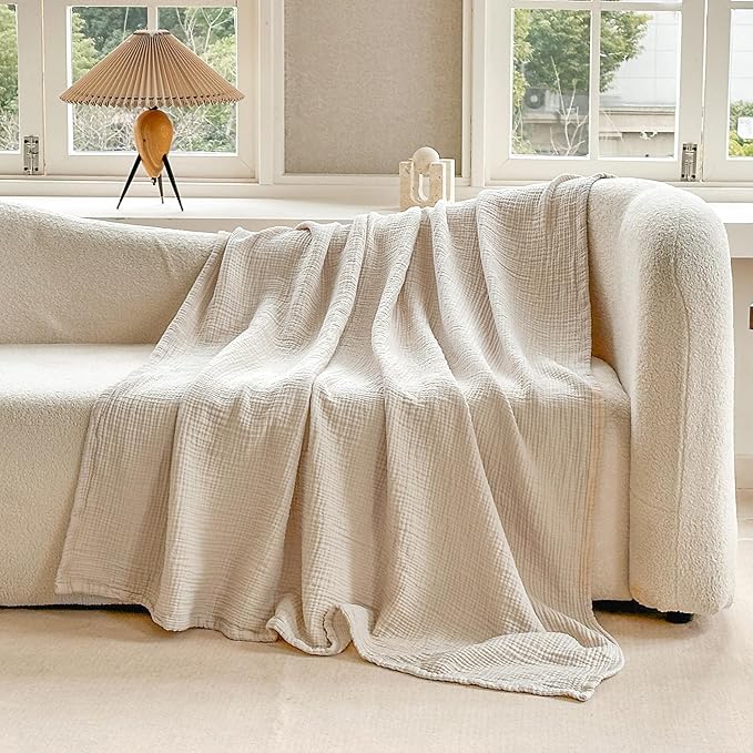 FALUCA Cotton Muslin Reversible Blanket Queen Size for Bed, Couch, Four Layers Blanket, Soft Lightweight Cozy Breathable Farmhouse Decoration for All-Season, Khaki