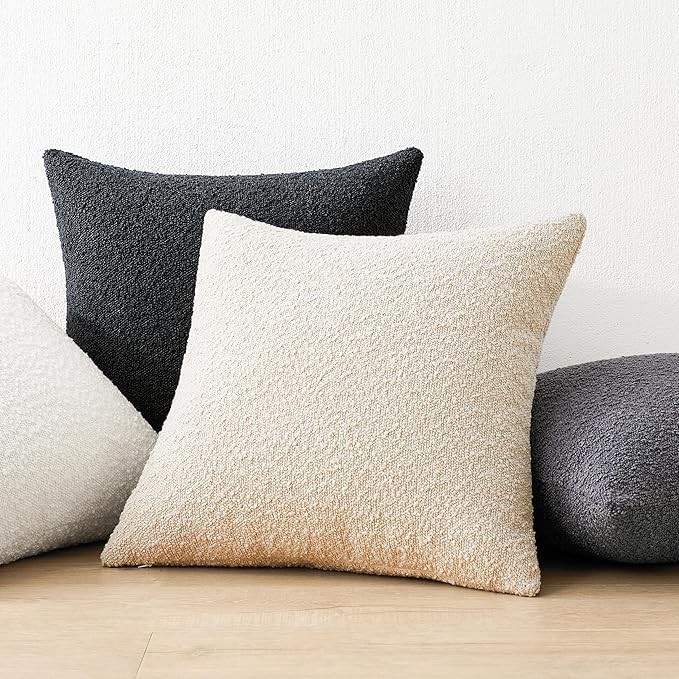 Mixhug Decorative Boucle Throw Pillow Covers, Beige, 18 x 18 Inches, Pack of 2 - Neutral Textured Boho Pillow Covers for Couch and Bed