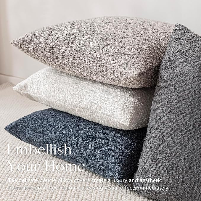 Foindtower Textured Boucle Throw Pillow Covers Accent Solid Pillow Cases Cozy Soft Decorative Couch Cushion Case for Chair Sofa Bedroom Living Room Home Decor, 20 x 20 Inch,Neutral Grey
