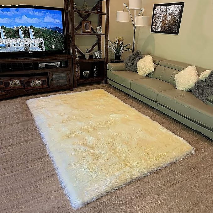 LAMBZY High Pile Super Soft Faux Sheepskin Rug (9'x12', Cream)