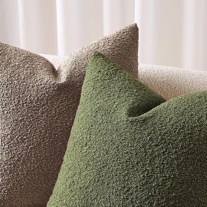 ANRODUO Pack of 2 Textured Boucle Throw Pillow Covers Soft Moss Green Decorative Accent Solid Pillow Cases Cozy Modern Couch Cushion Case for Sofa Bedroom Living Room Spring Home Decor, 20 x 20 Inch