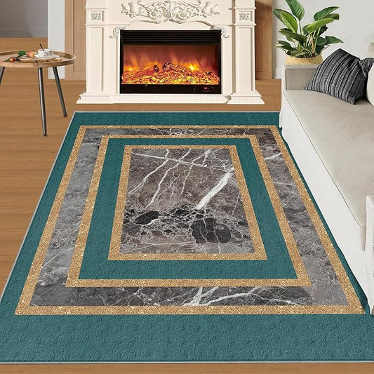 Emerald Green Marble Rug Luxury Teal Marble Area Rug Gilded Geometric Carpet Vintage Stone Crack Carpet for Bedroom Bedside Living Room 7x9ft