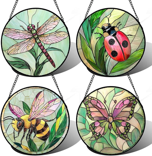 DASTOLL Stained Glass Window Hanging 4 Pcs Set Pink Green Insect Theme Large 15" - Butterfly Suncatcher Door Garden Sun Catcher Decor Birthday Christmas for Mom Woman Nana Men