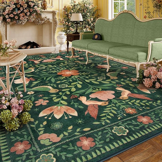 Moynesa Area Rugs 9x12 Green Vintage Home Decor, Modern Cottage Farmhouse Aesthetic Floral Bird Medallion Carpet for for Living Room Bedroom Dining Room,Non-Slip Washable Floor Protection