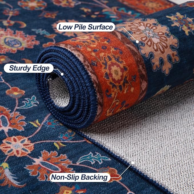 Tangsoo 2.6x12 Washable Runner Rug for Hallway Non Slip, Boho Floral Vintage Red Blue Carpet Long Runner Rugs for Entryway Kitchen, Floor Low Pile Runners for Laundry Bedroom Alfombra Farmhouse
