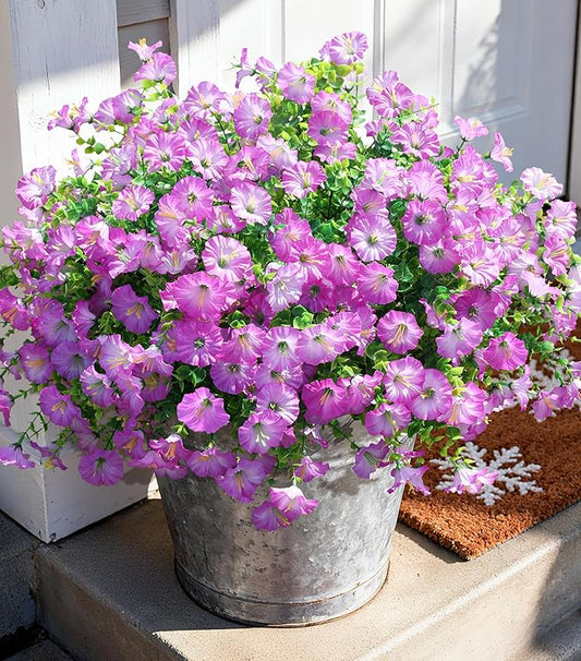 Artificial Flowers Fake Plants for Outdoors Decoration, 12 Bundles Purple Silk Morning Glory with Eucalyptus Realistic UV Resistant Faux Flowers Greenery for Outside Planter Yard Garden Home Indoor