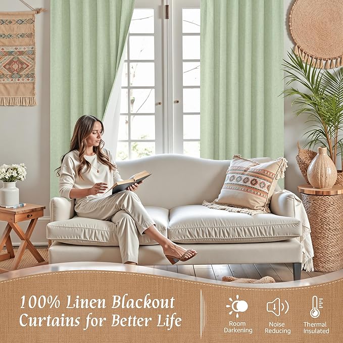 LAMIT 100% Blackout Linen Curtains 63 Inches Long, Linen Textured Living Room Farmhouse Curtains Room Darkening Back Tab and Rod Pocket Panels with White Liner, 2 Panels, Light Green, 60 x 63 Inch