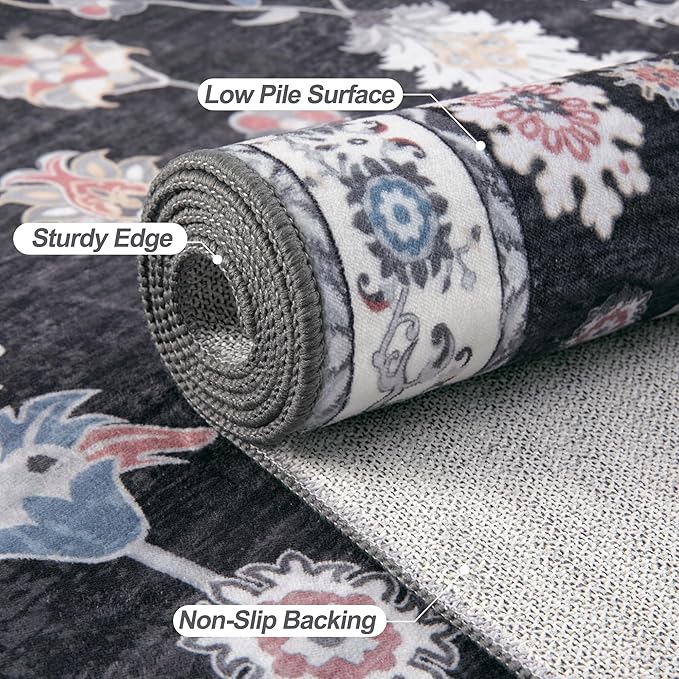 Tangsoo Floral Small Rug 2x3 Washable Rug for Entryways Vintage Non-Slip Area Rugs Black Red Entry Rugs Distressed Floor Carpet Soft Low Pile Door Mat for Entrance Bedroom Kitchen Foyer Decor