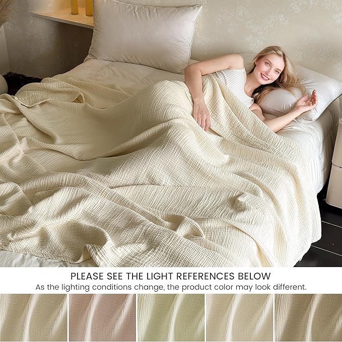 FALUCA Cotton Muslin Reversible Blanket Twin Size for Bed, Couch, Four Layers Blanket, Soft Lightweight Cozy Breathable Farmhouse Decoration for All-Season, Beige