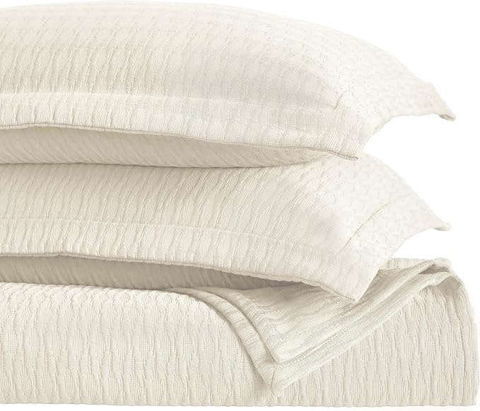 Superior 3 Piece Cotton Bedspread Set, Home Bed Decor, Decorative Bed Spread, 2 Pillow Shams, Medium Weight Blanket, Matelasse Coverlet, Bedding Essentials, Calvert Collection, California King, Ivory