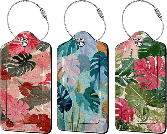 Boho Tropical Palm Leaves Luggage Tag 3 Pack Travel Cruise Luggage Tags for Suitcases, Identifiers Bag Tags with Privacy Flap, Baggage Name Tag for Women Men Luggage Backpack Handbag School Bag