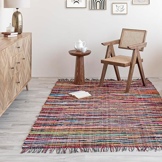 HOMEMONDE Multicolor Rag Rug with Tessels - 4'x6' Reversible Handcrafted Cotton Chindi Area Rug Vibrant Boho Home Decor for Bedroom, Living Room, Dining Room, Laundry Room