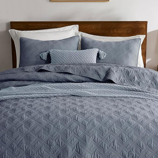 WDCOZY 100% Cotton Oversized King Quilt Set - Dusty Blue California Cal King Size Soft Lightweight Modern Bedspread, Farmhouse Country Rustic Coverlet, Textured Like Linen, Shabby Chic Bedding