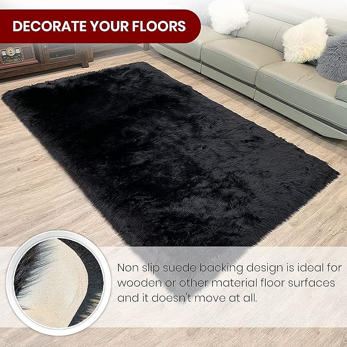 LAMBZY High Pile Super Fluffy Soft Faux Sheepskin Rug | Faux Sheepskin Rugs for Living Room Playroom Bedroom | Classic Super Soft to Touch Rug (8'x11', Black)